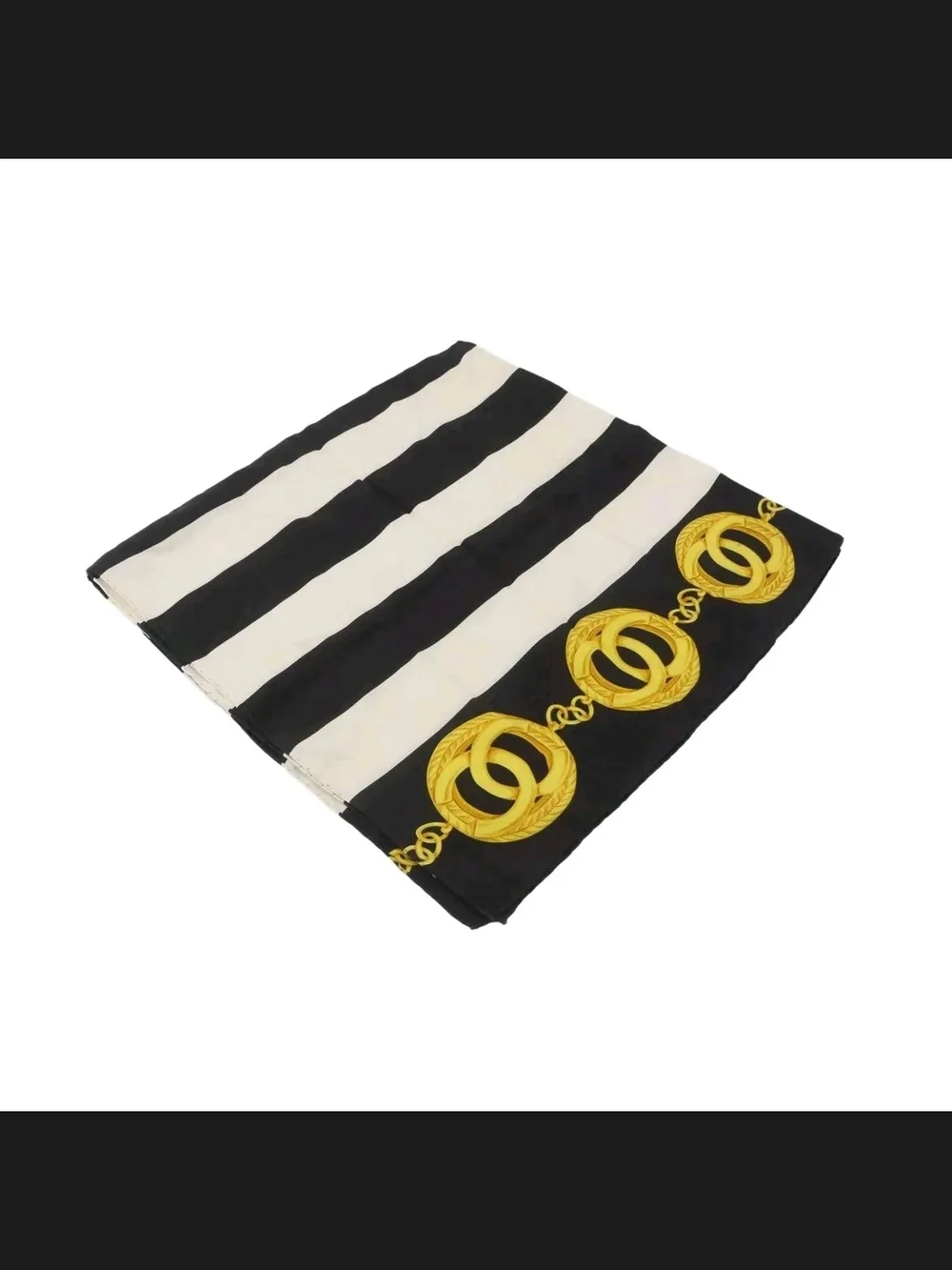 CHANEL Black and White Striped Silk Scarf